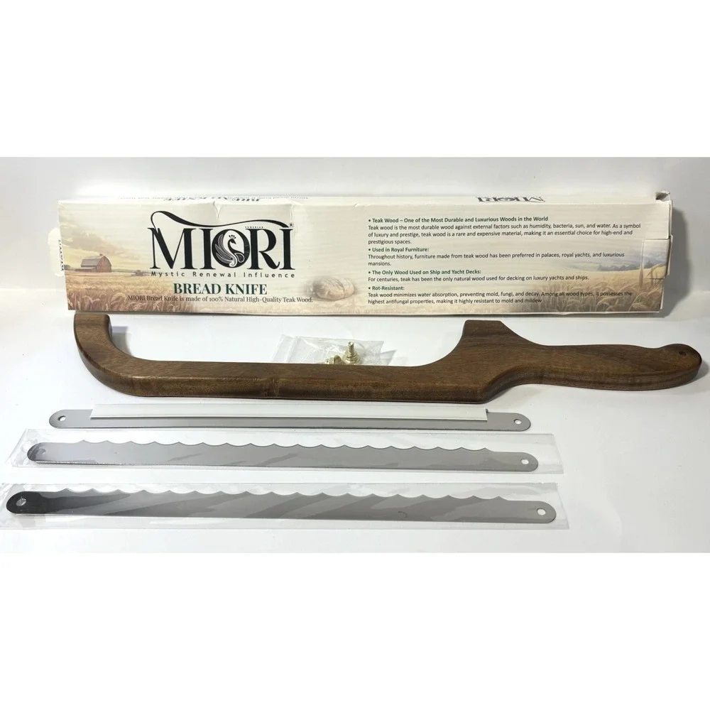 MIORI Bread Knife Teak Wood Handle Serrated Cutter w/ 2 Extra Blades 16
